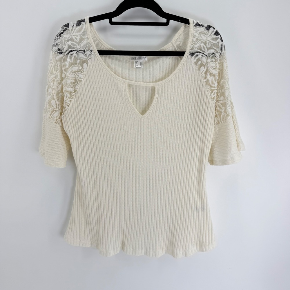 Venus Cream Ribbed Knit Top XL Floral Lace Raglan Sleeve Keyhole Neckline 1284